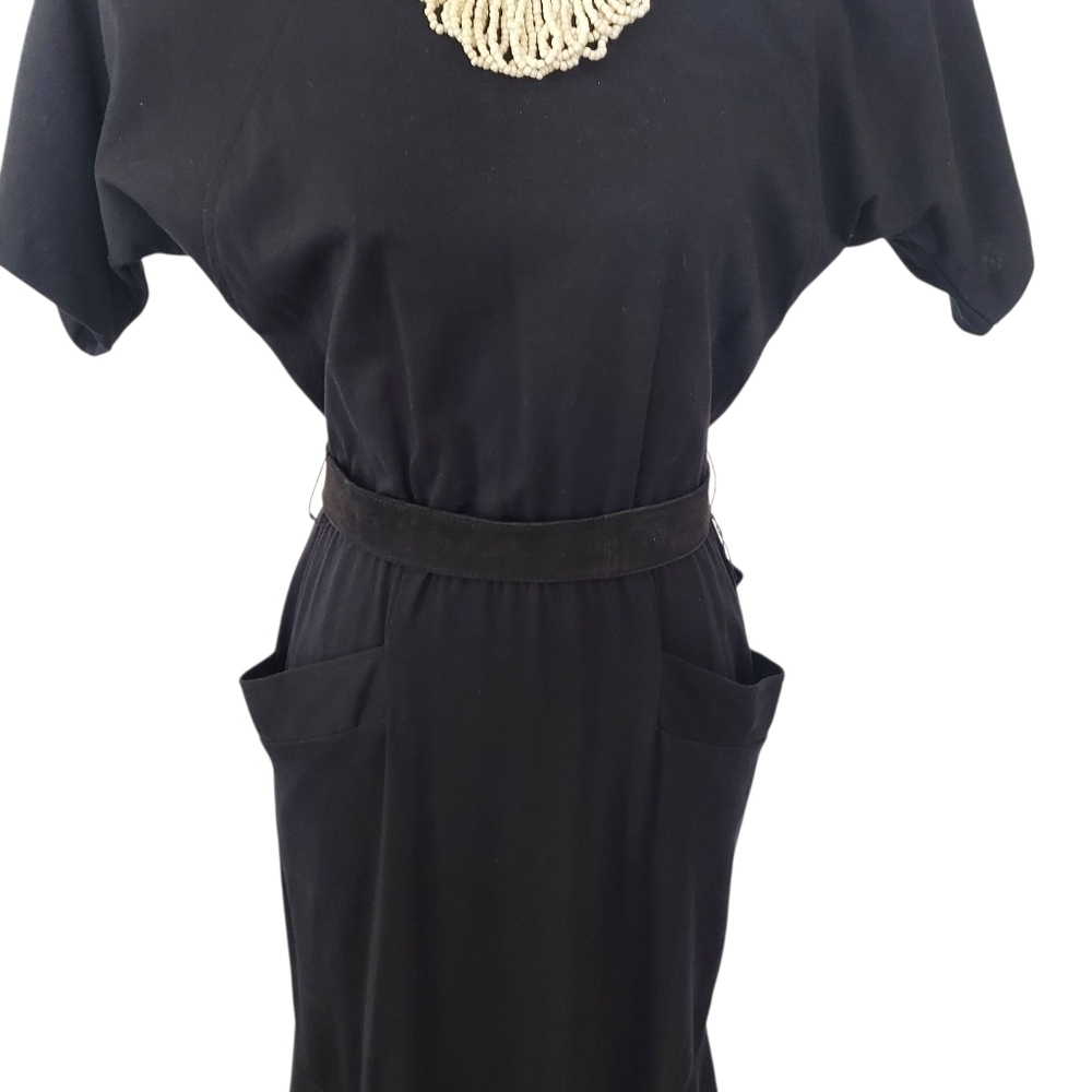 Vintage Black Sheath Dress with Dolman Sleeves and Bib Collar - Picture 3 of 16